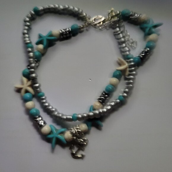 Aqua and Silver Beach Theme Anklet - Picture 1 of 1